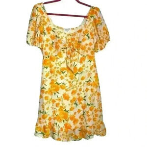 Sienna Sky Tangerine,  floral, scoop neck to tie, flowy, Mini Dress. Size Medium